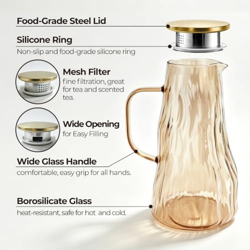 1.8L Amber Glass Pitcher with Lid – Bark Texture Design, Borosilicate