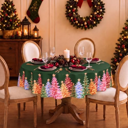 NOVILYS Green Christmas Round Tablecloth Xmas Tree Holiday Decor