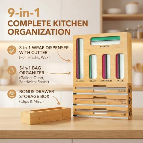 9 in 1 Storage Bag Organizer for Kitchen Drawer, Bamboo Foil and