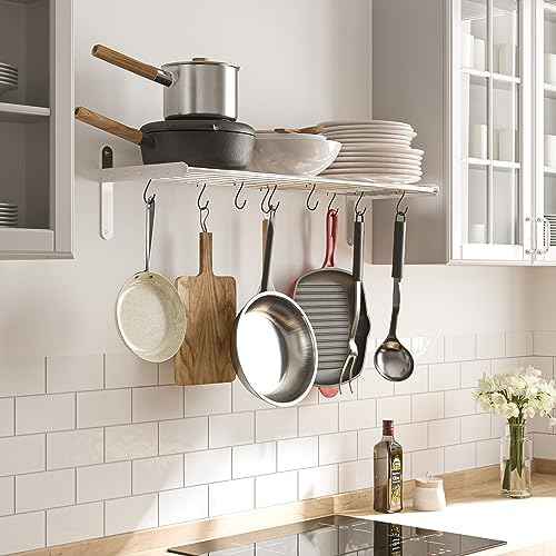 Wallniture Lyon Kitchen Organization and Storage Rack, Stainless Steel Metal Wall Shelf with 10 S Hooks for Hanging Pots and Pans, Chrome