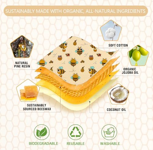 Reusable Beeswax Food Wraps Set - 3 Pack (S,M,L) for Bread