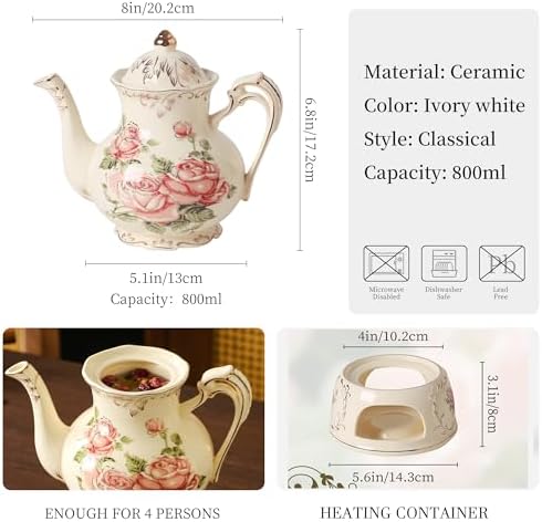 Vintage Ceramic Tea Pot, Heatable with Warmer, Decor for Party