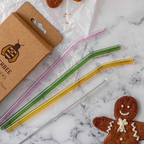 SuperBee Bent Glass Straws Set of 4 with Case & Cleaning Brush