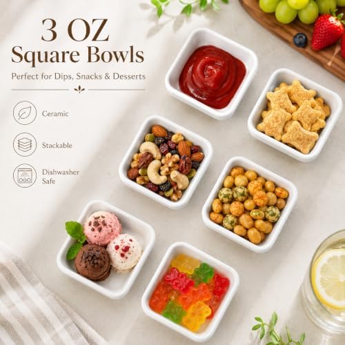3 OZ Square Dip Bowls Set of 6, White Ceramic Dipping Sauce Dishes
