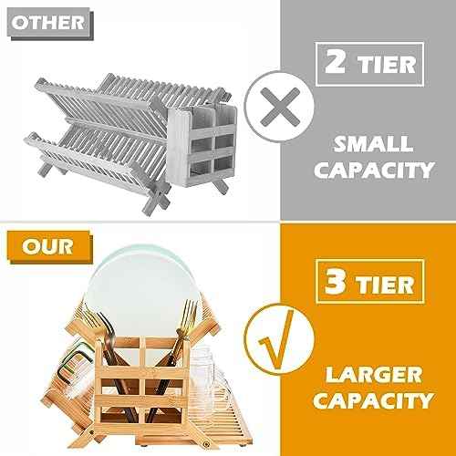Bamboo 3-Tier Dish Drying Rack with Utensil Holder