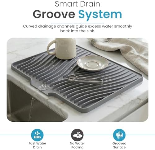 Silicone Dish Drying Mat 16" x 13", Built-In Drain, Non-Slip, Gray