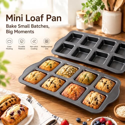 Lawei 2 Pack 8 Cavity Mini Loaf Pan, Non-Stick Small Bread Loaf Pans