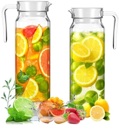 2 Pcs Plastic Pitcher with Lid, 37 oz Clear Acrylic Pitcher