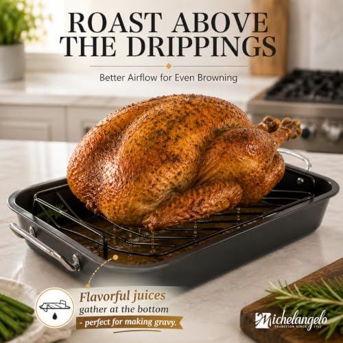 MICHELANGELO 15-Inch Turkey Roasting Pan with V Rack, Carbon Steel