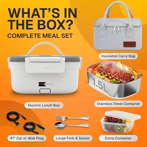 FORABEST Heated Lunch Box, 1 Tray, White Gray