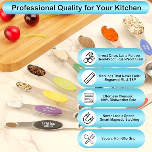 Magnetic Measuring Spoons Set of 9 with Leveler, Color-Coded Dual