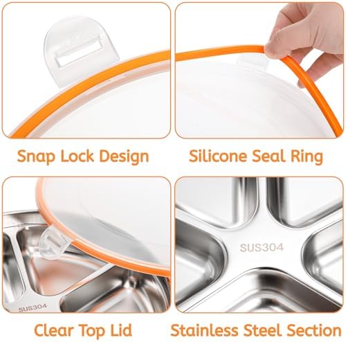 Youeon 2 Pack Stainless Steel Divided Serving Tray with Lid, 5