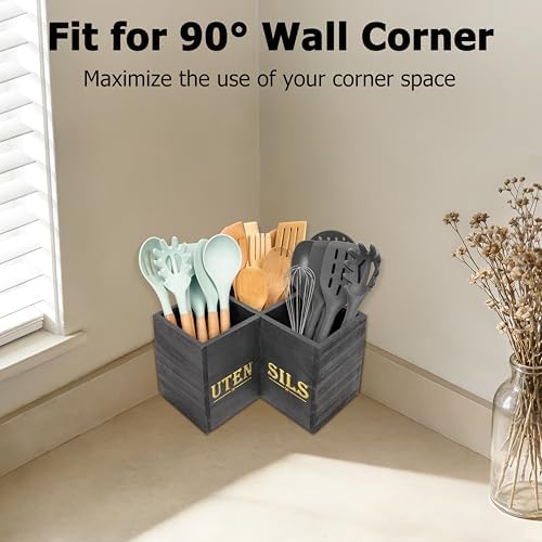 RedCall Kitchen Utensils Holder,Extra Large 3 Compartments Corner Utensil Caddy for Countertop,Wooden Farmhouse Utensil Organizer