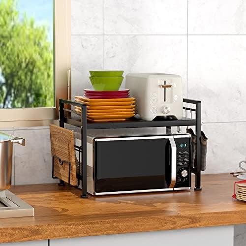 YIUKEA 2-Tier Expandable Microwave Stand with 6 Hooks