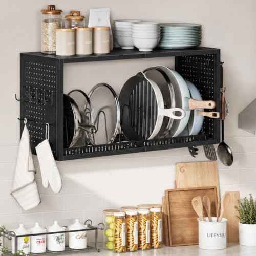 CHOEZON 3 in 1 Pot Rack Wall Mounted, 31 In Pots and Pans Organizer with 12 Hooks, 100 Lbs Capacity Hanging Pot Rack, for Utensil, Sturdy Storage Rack with Pot Lid Holder, for Kitchen, Black TPR30BB