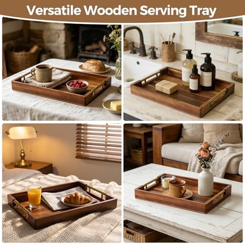 Acacia Wood Serving Tray with Golden Handles, 17" Wooden Tray for