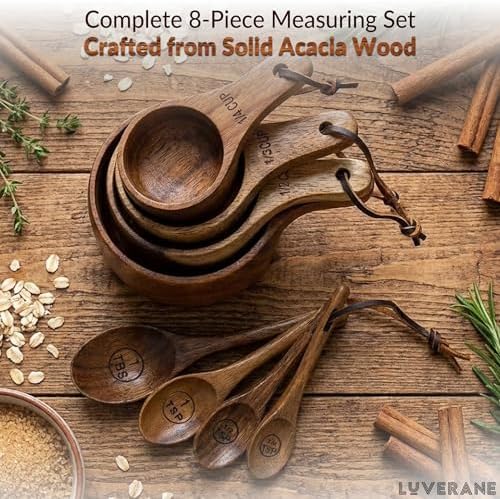 8 Piece Wooden Measuring Cups and Spoons set - Solid Acacia Wood with