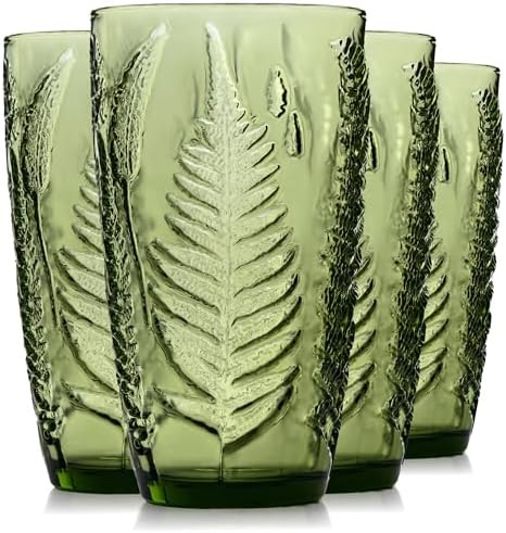 Green Drinking Glasses Set of 4, 16 oz Glass Cups, Vintage Fern
