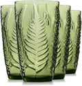 Green Drinking Glasses Set of 4, 16 oz Glass Cups, Vintage Fern