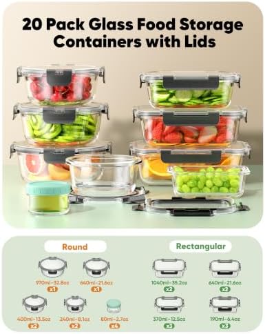 BiuLeon 40 PCS Glass Food Storage Containers with Lids