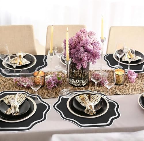 Breling 6 Pcs Cotton Placemats Cotton, Scalloped Edge Black, White