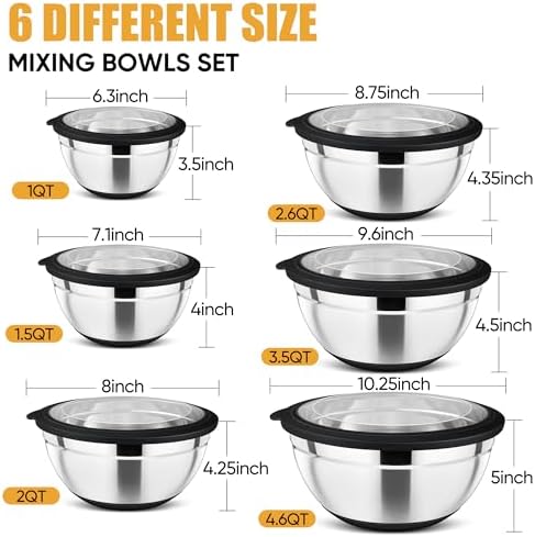 P&P CHEF Black Mixing Bowls with Lids Set of 6, Salad Serving Bowls