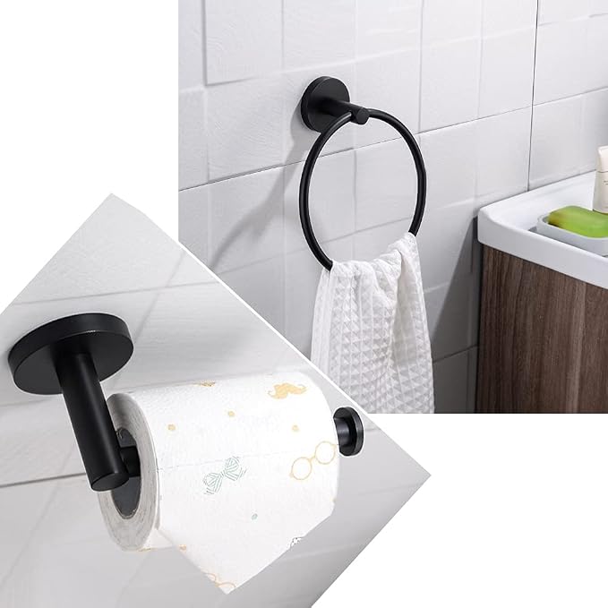 2pcs Matte Black Toilet Paper Holder and Towel Ring Set, Stainless Steel Hand - Image 7