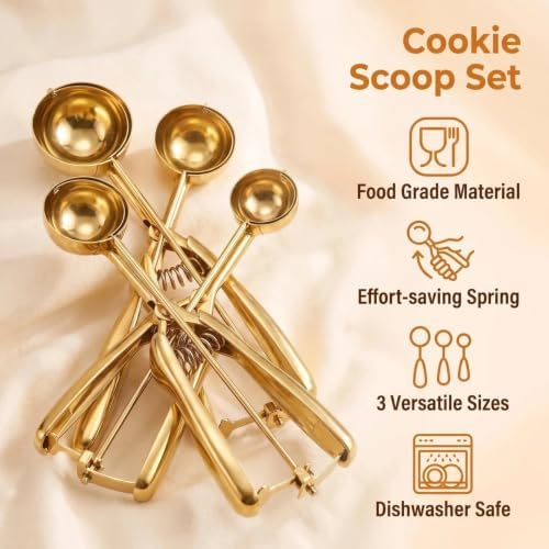 Gold Ice cream spoon,3Pcs Cookie Scoop Set,Stainless steel ice cream