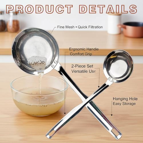 Fine Mesh Strainer Set of 2, Stainless Steel Kitchen Sieve Skimmer
