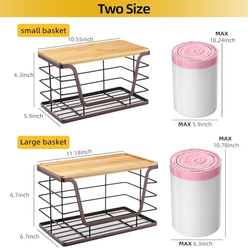 ALOCEO 2 Pack Stackable Wire Storage Basket with Bamboo Lid, Trash Bag