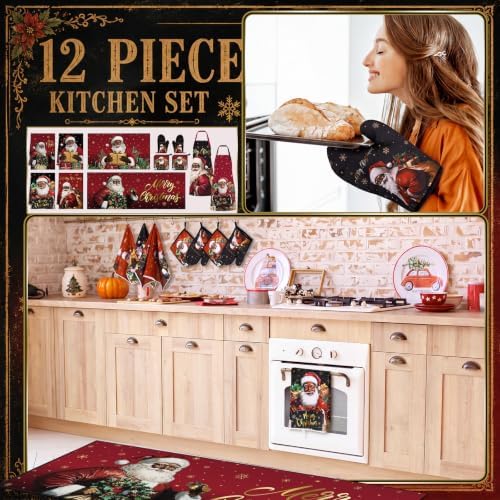Fourluoo 12 Pcs Merry Christmas Kitchen Decor Set Santa Claus Kitchen