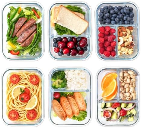 Glass Meal Prep Containers with Dividers, 6 Pack