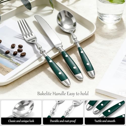 Vintage Silverware Set Service for 4, Flatware Set with Green Bakelite