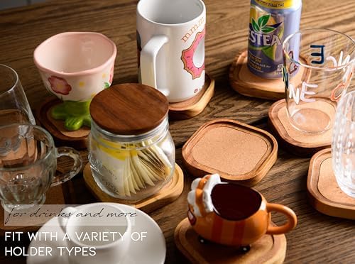 Acacia Wood Coasters for Drinks, 4.13 Inch, Set of 6, Squircles