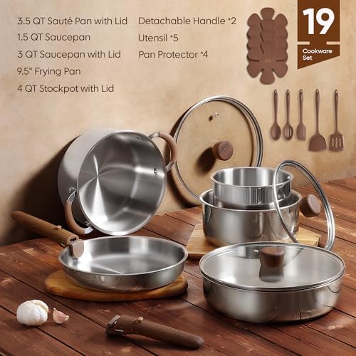 CAROTE 19pcs Tri-Ply Stainless Steel Cookware Set with Detachable