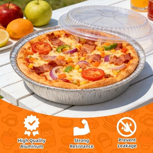 50 Pack 9" Round Aluminum Pans with Clear Lids, Pie Tins Disposable