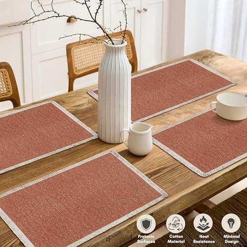 Hausattire Cotton Frayed Placemats Set of 6 Dining Table 13x19 Inch