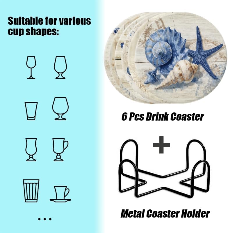 Drink Coasters Set of 6 with Holder Vintage Marine Style Wood Grain