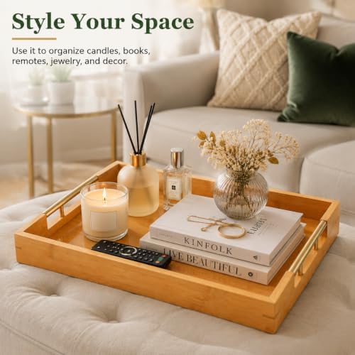 Bamboo Serving Tray, Wooden Tray with Gold Handles, 15L x10W x2H in