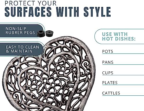 Comfify Silver with Black Cast Iron Heart Trivet – 6.75"x6.5" – Hot