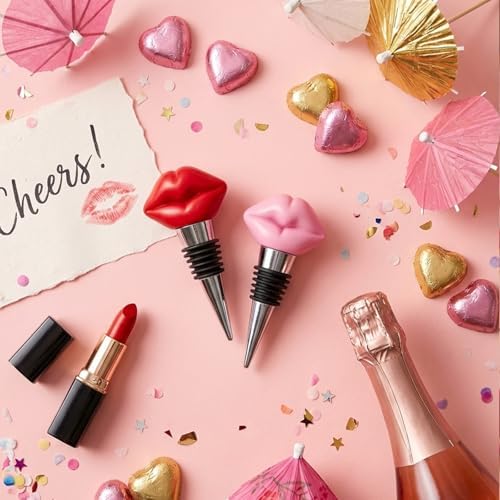 2 Packs Red and Pink Lips Wine Bottle Stopper - Novelty Bar Decor