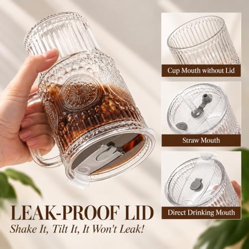Small Capacity Thick Romantic Glass Cups with Lids and Straws, Vintage