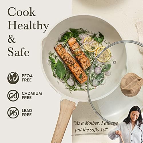 CAROTE 12 Inch Nonstick Deep Frying Pan with Lid, 5.5 Qt White Granite
