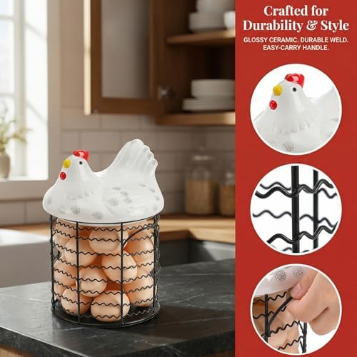 Hiceeden Metal Egg Storage Basket with Chicken Lid