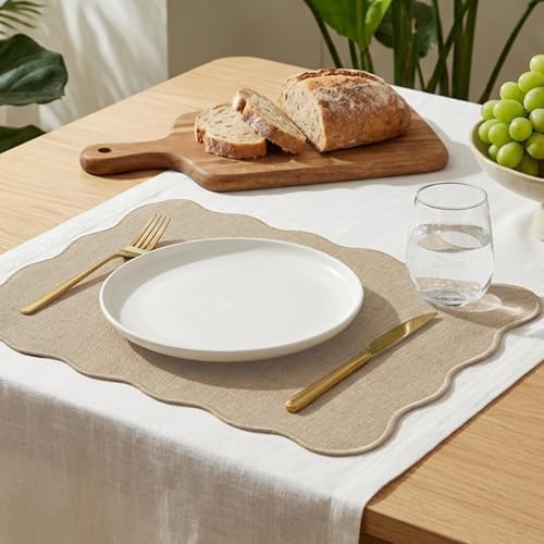 AHHFSMEI Faux Linen Placemats Set of 6 Scalloped Washable Heat