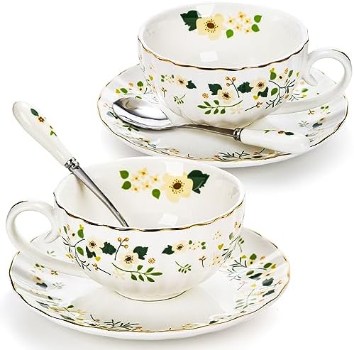 Lyellfe Set of 2 Tea Cup and Saucer, 6 Oz Floral Cup with Spoon Gold