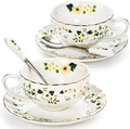 Lyellfe Set of 2 Tea Cup and Saucer, 6 Oz Floral Cup with Spoon Gold