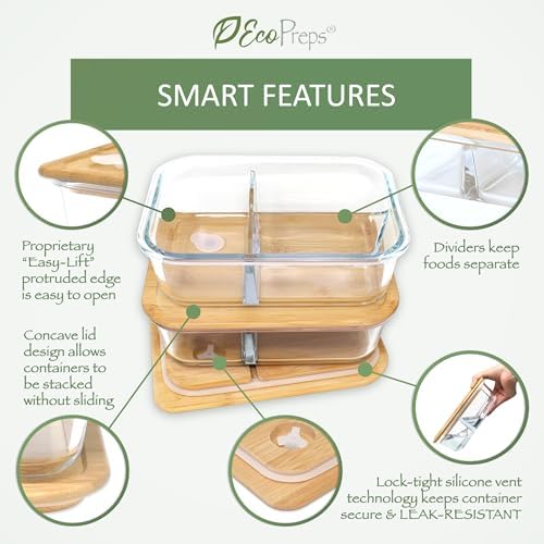 EcoPreps Large Glass Bento Box Containers with Bamboo Lids, 3