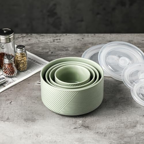 Ceramic Nesting Bowls with Lids, Set of 4, Green