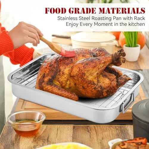 2 Set Stainless Steel Roasting Pan with Rack 15.5 13 Inch